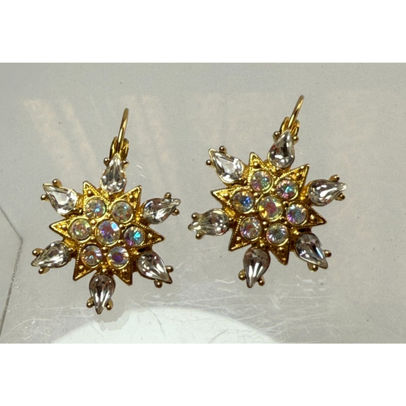 Kirks Folly Star Snowflake AB Aurora Borealis Rhinestone Crystal Earrings Gold - Picture 5 of 5